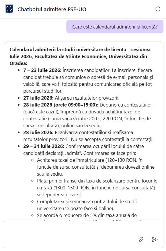 The University of Oradea economics faculty chatbot in use (interface in Romanian)