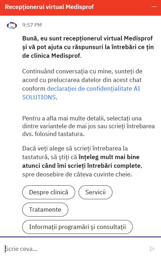 The Medisprof chatbot in use, answering patient questions (interface in Romanian)