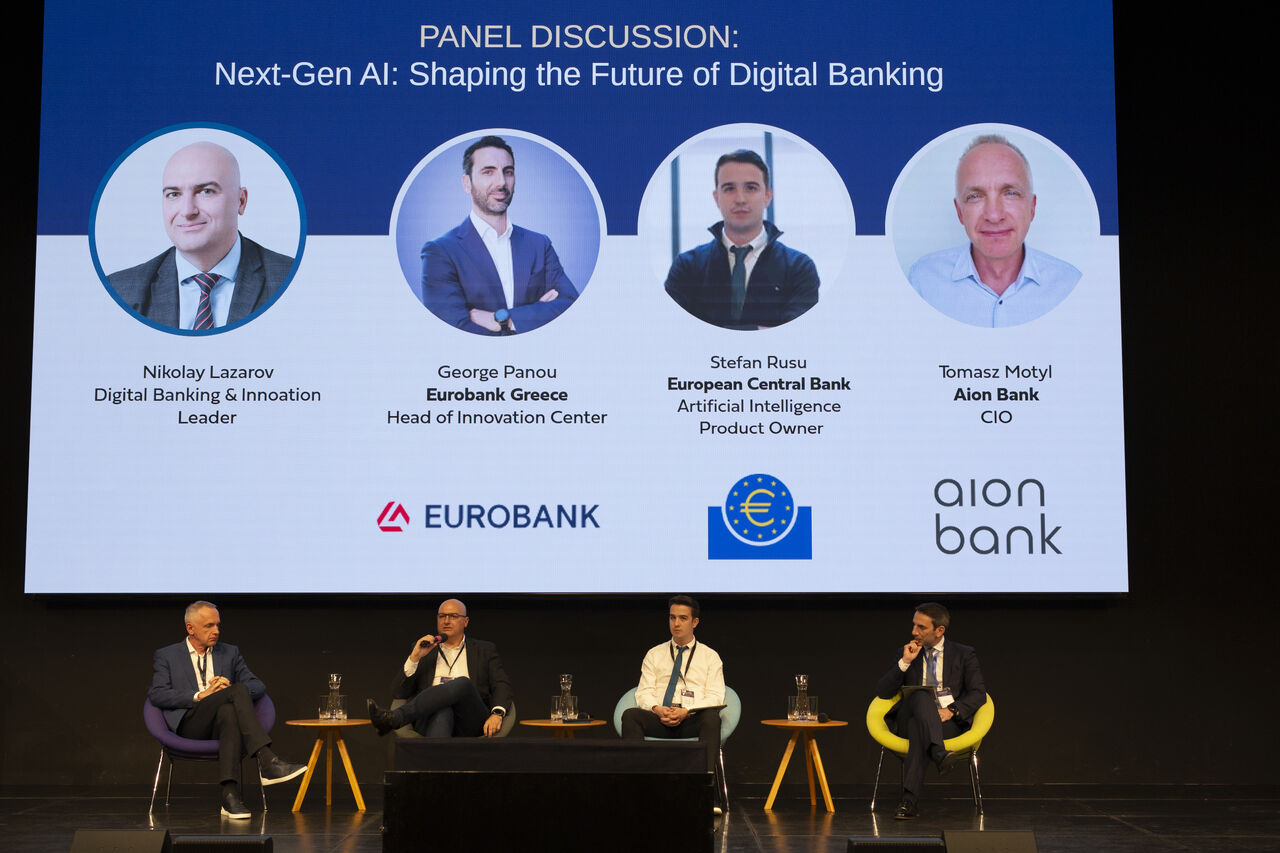 Ștefan Rusu on stage with the other members of the Next-Gen AI panel